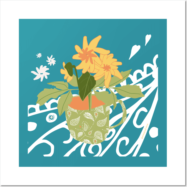 Pot Plant And Paisley On Teal. Wall Art by SalsySafrano